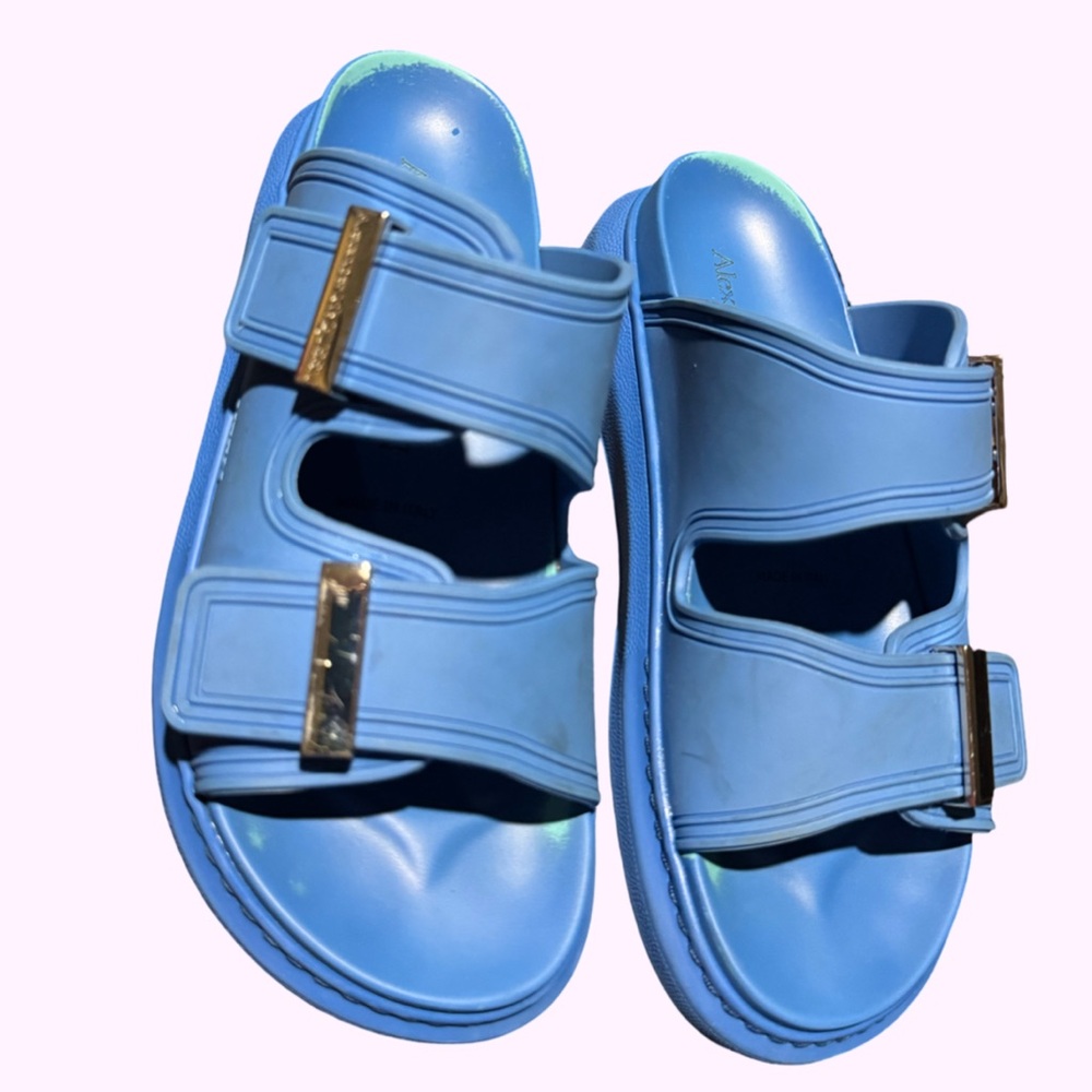 Alexander McQueen Sky Blue Buckle Slides - Picture 2 of 10